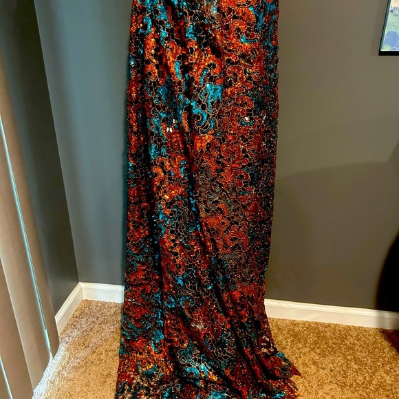 5 Yards Blue & Orange African Cord Guipure Lace Crystals Fabric - Picture 7 of 9